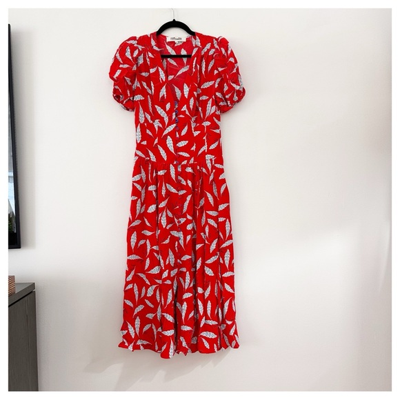 Diane Von Furstenberg Cordelia Vibrant Red Midi Dress with White Pattern - Picture 3 of 9